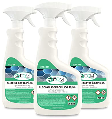EQM - ECO-301 - Alcohol Isopropílico 99,9% - 3x750 ML - Isopropanol - Limpieza componentes electrónicos, objetivos y pantallas - Limpieza de resinas en impresión 3D - Limpiacristales y desengrasante