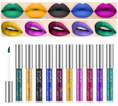 KYDA 10 Colors Matte Metallic Lip Gloss Set, Green Lipstick Metallic Lipstick Set, Non-Stick Cup Long Wear Lip Glaze, High Pigmented Lipstick Cosmetic Gift Kit for Glossy and Full Matte Lip Gloss