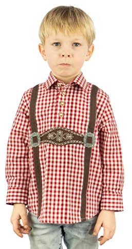 OS Trachten Kinder Hemd Jungen Langarm Trachtenhemd mit Liegekragen Velmowo, Größe:74/80, Farbe:mittelrot