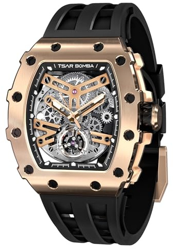 TSAR BOMBA Luxus Herren Automatik Mechanische Uhr Kohlefaser/Gehäuse aus Keramik/Fluorkautschuk/Tonneau-Uhr/Leuchtend/Elegante Geschenke für Männer