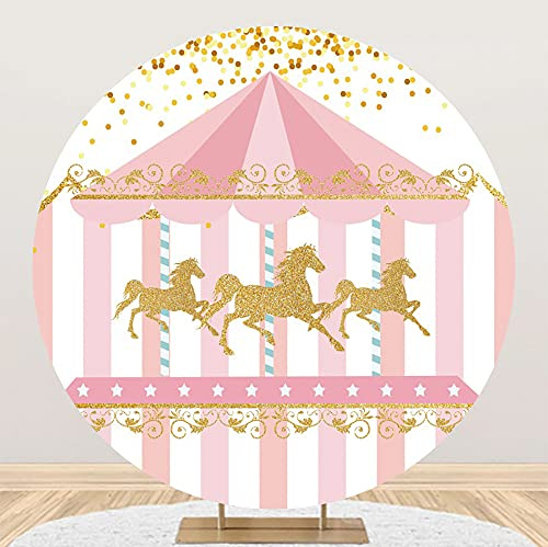 Aoihrraan 200cm Diametro Sfondo Rotondo Cartone Animato per Fotografia Paillettes Dorate A Strisce Rosa e Bianche Sfondo Giostra Bambini Bambini Compleanno Smash Cake Party Baby Shower Puntelli Foto