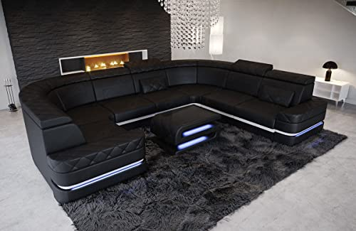 Sofa Positano Ledersofa U-Form Wohnlandschaft mit LED Beleuchtung Kopfstützen Couch modern (Lange Seite rechts, Schwarz-Weiß)