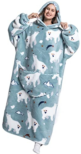 Kuscheldecke Flauschig mit Ärmeln und Kapuze Plaid Deckenpulli Hoodie Decke mit Tasche Oversize Wärm Pullover Sofadecke Schlafanzug Kapuzenpullover für Camping Geschenkidee(Einheitsgröße,Eisbär)
