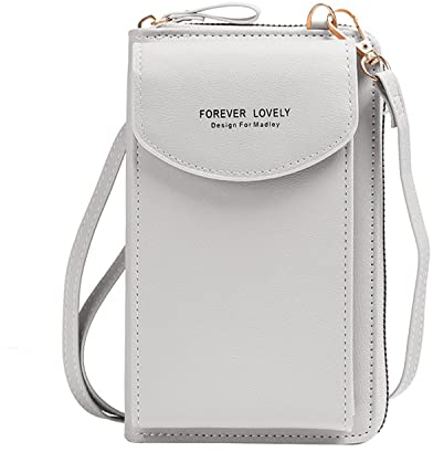 QEEQPF 1 Stück hellgraue Damen-Handytasche, PU-Leder-Handy-Geldbörsen-Handtasche, Messenger-Tasche mit verstellbarem, abnehmbarem langem Schultergurt und Kartenfächern für Mädchen und Damen