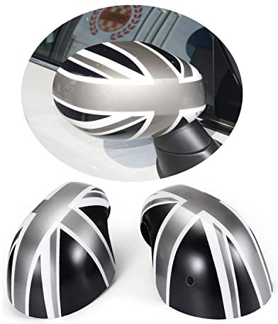 MINI F54-F60 Nach Juli 2019, Union Jack Spiegelkappen, Autotür Seitenspiegelabdeckungen Für Mini Cooper One/D/SD/S/JCW F-Serie F54 F55 F56 F57 F60(Union Jack Grau, F-Serie mit Lichtloch)