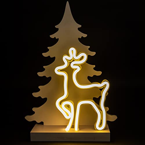 40Cm Wooden Christmas Tree Decoration Pre Lit LED Neon Reindeer Silhouette Scene Ornament Table Window Battery Operated