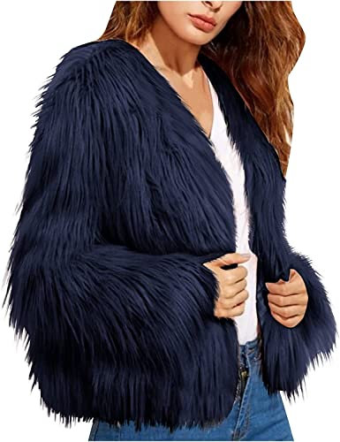 Damen Strickjacke Kunstpelz Strickjacke Vintage Parka Pelzjacke Mantel Flauschiger Mantel Luxus Winter Warmer Flauschiger Kurzmantel Jacke Parka (Navy blau,XL)