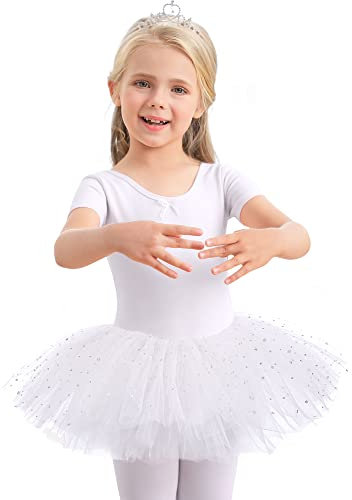 Aiseyi Ballettkleidung Ballettkleid Mädchen Pailletten Ballett Tütü Kinder Baumwolle Tanzkleid Kurzarm Balletttrikot Ballettanzug Ballett kleider Ballerina Tutu Weiß 3-4 Jahre