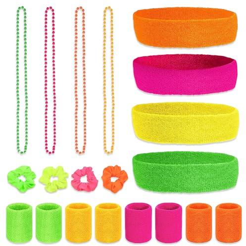 Riisoyu 20 Stück Schweissband Set, 80er Neon Schweißband 80er Jahre Accessoires Sport Stirnband Armband Set Bunt Damen Sport Armband Absorbierende Schweißbänder mit Halskette