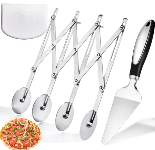 Sailench 3-Piece Stainless Steel Pastry Cutter Set with Pizza Spatula and Dough Bowl Scraper, Adjustable 4-Wheel Cutter for Pizza, Pasta, Pastry, Noodle