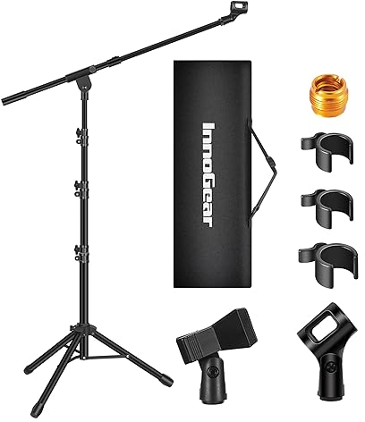 InnoGear Mikrofonständer, Stativ-Galgenarm, Boden-Mikrofonständer, höhenverstellbar, strapazierfähig, mit Tragetasche, 2 Mikrofon-Clips, 0,95 cm auf 1,6 cm Adapter für Singing-Podcast, für Blue Yeti