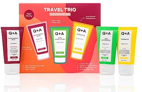 Q+A Reiseset Körperpflege Geschenkset, enthält Hyaluronsäure Körperwaschgel, AHA-Körperpeeling und Ceramid Körperlotion, je 50ml