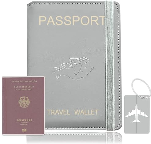 SUCCEFORT Reisepasshülle, Kunstleder Passhülle für Reisepass Kreditkarten Ausweis Reisedokumente mit RFID-Blocker, mit Transparenten Passhüllen Und Kofferanhänger, 15x11cm-Grau
