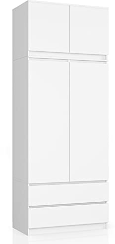 AKORD Armoire 4 Portes | Armoir Chambre 2 Tiroirs avec Etagères et Une Tringle | Armoire sans Penderie Chambre | Dressing Rangement Placard | Qualité supérieure | 234 cm de Hauteur | Blanche