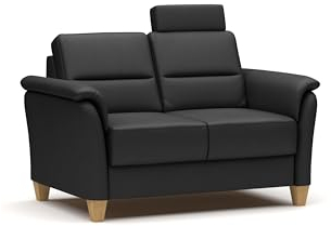 CAVADORE Leder 2er-Sofa Palera / Landhaus-Couch mit Federkern, Kopfstütze + massiven Holzfüßen / 149 x 89 x 89 / Leder Schwarz
