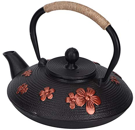 Tetera de hierro fundido estilo japonés, 0,9 L, patrón de cereza oriental roja, tetera clásica de hierro fundido, tetera, herramienta para beber