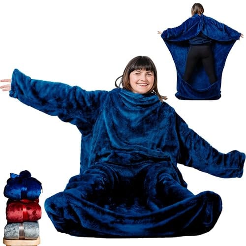 EzrAllora Giant Plush Fleece Blanket with Sleeves and Foot Pocket -Patent Pending- Cool Gamer Gifts for Men who Have Everything - Father’s Day Gifts for Dad Who Want Nothing (Fleece, Velvet Blue)