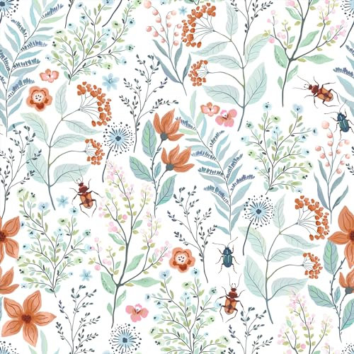 VEELIKE Papel Pintado Flores Blancas Papel Pintado Hojas Azules Papel Adhesivo para Muebles Flores Tropicales Fotomurales Decorativos Pared Dormitorio Armario Papel Pared Floral Salon 44,5cmx300cm