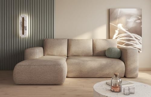 Easy4You Lambi Beige Ecksofa L-Form Links 266 x 89 x 164 cm mit Schlaffunktion und Stauraum - Schlafsofa mit Bettkasten - Moderne Wohnzimmermöbel – Stoff: Boucle 06