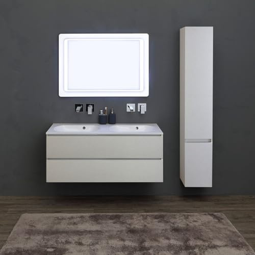 KIAMAMI VALENTINA - Badmöbelset 120cm Perlgrau mit Doppelwaschbecken und Hochschrank | Valentina