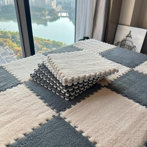 10Pcs 30x30x1cm Plush Foam Puzzle Area Rug, Soft Interlocking Carpet Mats for Bedroom Livingroom Playroom Gym Yoga,Cuttable Floor Mat (Grey and Beige)