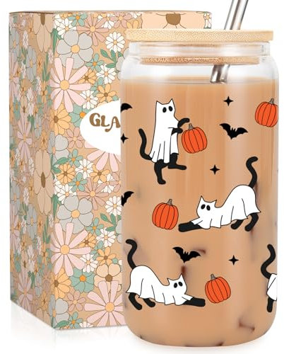 Fairy's Gift Halloween-Katzen-Eiskaffeetasse, Halloween-Kürbis-Glas, 473 ml, gruseliger Kaffee-Glasbecher mit Deckel, Strohhalm, Boo Basket Stuffers, gruselige Geschenke für Katzenliebhaber, Frauen,