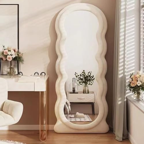 Melodieux Grand miroir ondulé 160 x 60 cm - Miroir mural sur toute la longueur - Avec cadre en bois enveloppé de flanelle de couleur crème - À suspendre ou à bascule
