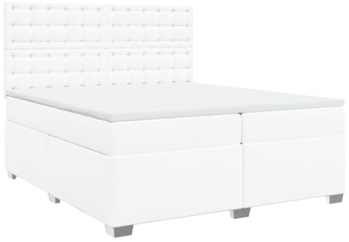 vidaXL Boxspringbett, Bett mit Matratze Kopfteil, Polsterbett Doppelbett für Schlafzimmer, Bettgestell mit Lattenrost, Weiß 200x200cm Kunstleder