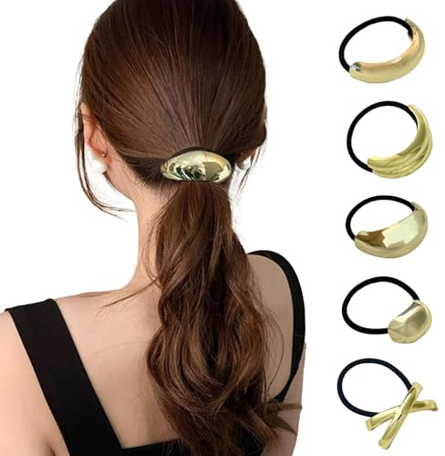 5 Stück Haargummis aus Metall,Haargummi für Pferdeschwänze,Elastische Hair Ties aus Goldenem Metall,Haargummi Dickes Haar,Haarschmuck für Pferdeschwänze für Frauen (Gold)
