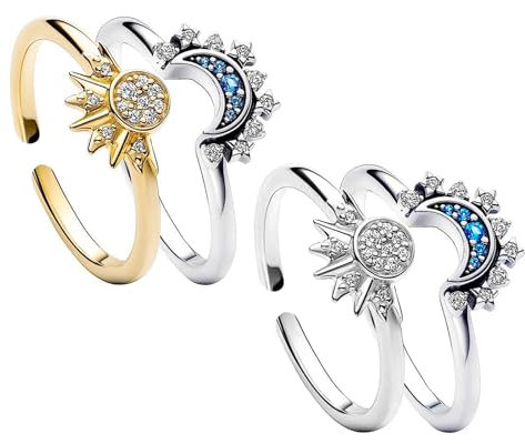 XSDSLS 4 Stück Sonne Mond Ringe Verstellbar Gold Silber Damen Sonne Mond Ring Set Stapelbare Himmlisches Sonne Mond Ringe Offene Rings für Frauen Damen (Set2-Silber+Silber)