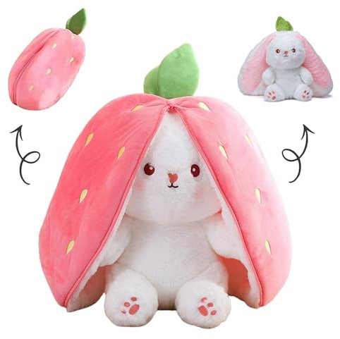 HOUSN Peluche Lapin de Pâques, 25CM Fraise Lapin Oreiller en Peluche, Jouets Lapin Muppet Enveloppé dans des Fraises, Pâques Cadeaux de Pâques pour Enfants Garçons Filles (Rose)