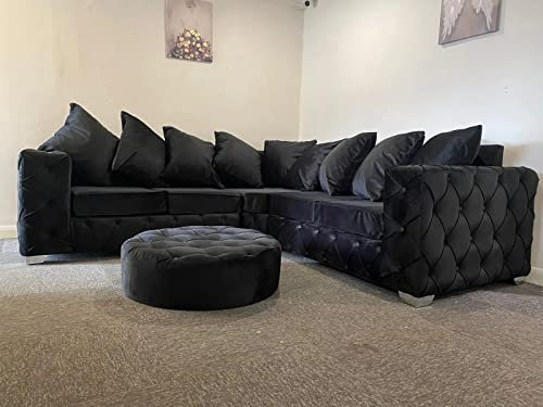 Luxuriöses, modernes Chesterfield-Sofa aus schwarzem Samt, Plüsch, 1-Sitzer, Eckcouch für Wohnzimmer, stilvoll gepolstert, Streu-Rückenlehne