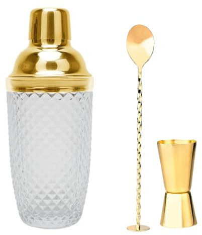 LUPATDY Coctelera de cristal, juego de coctelera de 400 ml, mezclador de cristal con vaso medidor de acero inoxidable y pala, coctelera para el hogar, bar, vino, zumos de frutas mixtas, color dorado