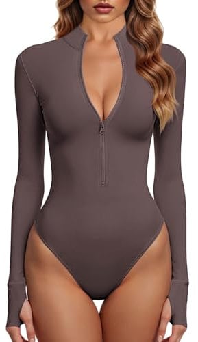 GJY Body da donna con zip frontale a maniche lunghe, Rosa marrone, L