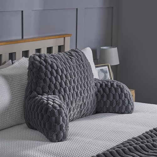 OHS Cuddle Cushion Waffle, Jumbo Reading Pillow for Bed Adult Thick Faux Fur Super Soft Pillow with Arms Support Pillows For Sitting up in Bed - Charcoal Grey, 65x40cm