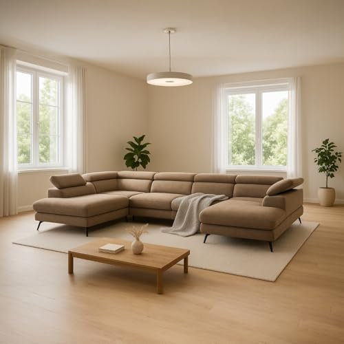 SOFILAND Reno U Ecksofa mit Bettkasten & verstellbaren Kopfstützen – Schlafsofa in U-Form (345×202 cm) – Monolith Stoff, Wasserabweisend, Metallfüße. (Beige)