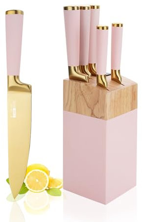 AVEKI Knife Sets for Kitchen, Pink 6 PCS Stainless Steel Knife Sets with Block, Ultra Sharp Knife Block Set with Comfortable Handle, Built-in Sharpener, New Home Apartment Essentials (Pink)