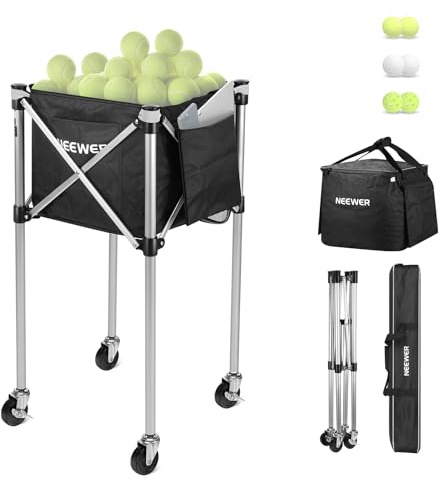 NEEWER Chariot à Roulettes Pliable pour Balles avec Rangement Sac,3 Poches Latérales pour Accessoire,Support pour panier jusqu'à 175 balles de Tennis ou 120 de Pickleball,aucun Assemblage requis,TB02X