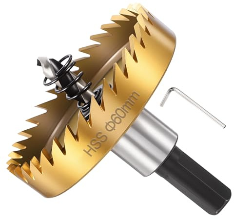 METALLIXITY Seghe Tazza Frese per Metallo 60mm (2-3/8), 4341 Fresatrice Foro Acciaio Rapido con Punta Centrale, Chiave Esagonale e Molla - per Metallo Morbido, Legno, Pannelli, Oro