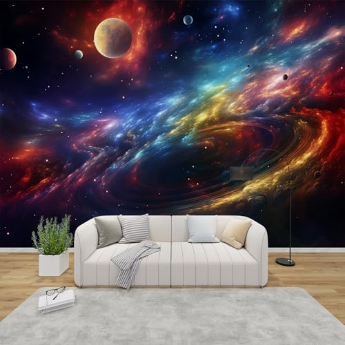 QEODAH Fototapete Weltraum Schlafzimmer, 3D Tapete Galaxie Planeten, Vliestapete Bunte, Tapeten Wohnzimmer Muster, Universum Wand Deko Kinderzimmer, Wandtapete, Mustertapete 300x210 cm