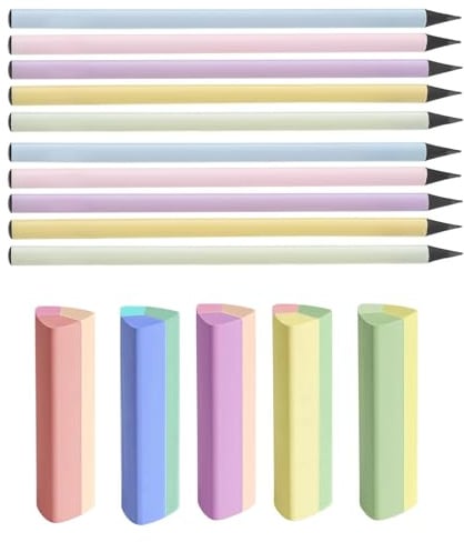 TNSLAND Bleistift HB Dreikant Set, 10 Stück Schwarze Holzstifte mit 5 Lnkl. Bunte Radiergummi, Weicher HB-Mine, Ergonomisch, Kinder für Grundschule, Zeichnen, Schreiben, Geschenkidee