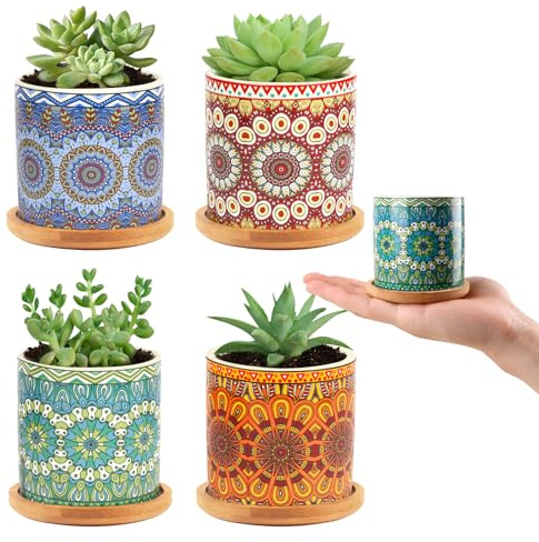 Nasxkji 4 Pcs Small Ceramic Plant Pots 7.3cm Mandala Floral Pattern Indoor | High-Fired Ceramic, Bamboo Tray, Drainage Hole, Glazed Ceramic, Plants Not Included, for Indoor Decor and Mini-Plants