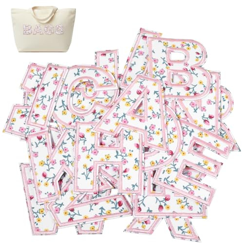 26pcs Iron on Letters for Clothing, A-Z Flower Embroidery Alphabet Applique, Cute Fabric Letters Patches for Shirts Jackets Hats Jeans Shoes Bags - Pink