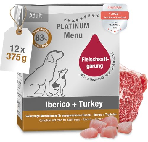 PLATINUM - Nassfutter für Hunde Menu Adult Iberico+Turkey aus FSG, 12x 375g | Zubereitet aus Frischfleisch für kleine & große Hunde - glutenfrei - nährstoffreich - leicht verdaulich - in DE geprüft