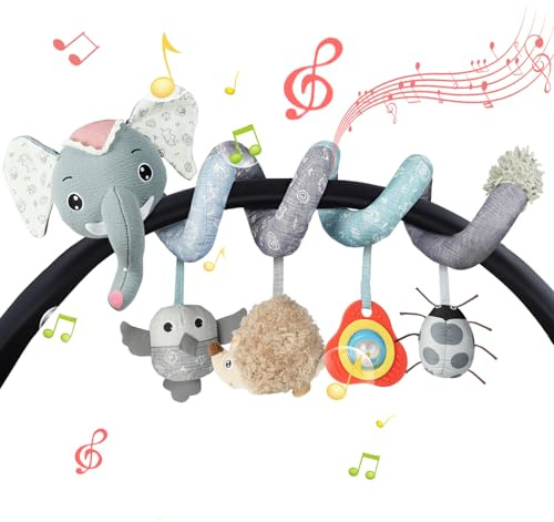 Vicloon Giocattolo a Spirale Passeggino Neonato, Giochi Passeggino Neonati Regalo per 0 3 6 Mesi, Passeggino Educativo Spirale di Peluche Neonato, Elefante Grigio