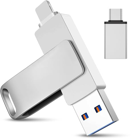 USB Stick 128GB für iPhone, 3-in-1 Speicherstick mit USB C, USB 3.0 & L, OTG Photo Stick für iPhone/iPad/Android/PC/Mac, Externer Speicher zum Fotos & Videos Sichern, Silber (128GB)
