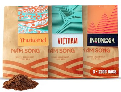 Nam Song Asian Experience Ground Coffee Gift Set – Taster Featuring Vietnam, Thailand & Indonesia Origins – Coffee Gift Set for Him & For Her, 3 x 220g Bags