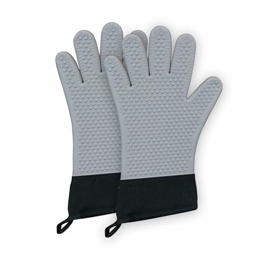Silikon Ofenhandschuhe, Grau, 1 Paar, Hitzebeständig bis 250°C, mit Fingern, 34x20 cm, geprüftes und zertifiziertes Produkt