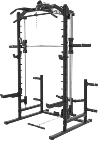 Toorx WLX-90 [Smith Machine Power Rack Stazione Sollevamento Pesi] Multifunzionale con Cavi Pulley Lat Machine Squat Rack Chin Up Barra Tricipiti Allenamento Forza Casa Palestra