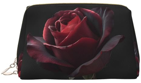Black Baccara Rose Printed Leather Zippered Makeup Bag, Perfect for Cosmetics and Toiletries